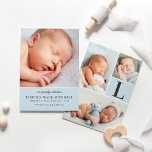 Modern Pale Blue Baby Boy Photo Collage Birth Announcement<br><div class="desc">Simply elegant photo birth announcement card to introduce your handsome newborn baby boy features four (4) photo spaces, stylish dark grey / soft black text, and a monogram initial that can all be personalised for your sweet little man. The text and soft blue / grey background colour on this two-sided...</div>