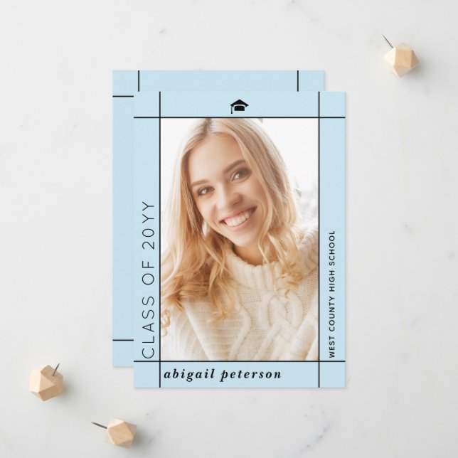 Modern pale blue Class of 2025 graduation photo Announcement (Front/Back In Situ)