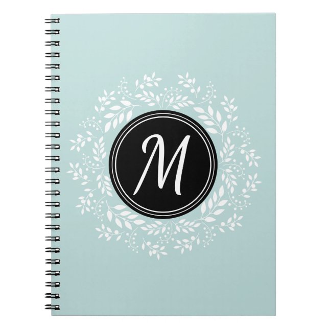 Modern Pale Blue Floral Wreath Custom Monogram Spiral Notebook (Front)