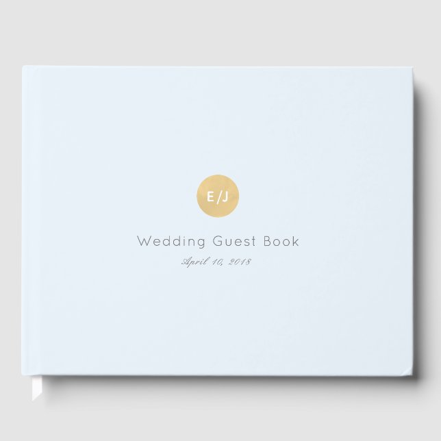 Modern Pale Blue Gold Monogram Wedding Guest Book (Front)