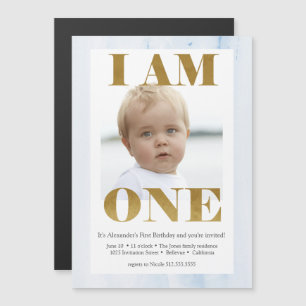 Modern Pale Blue + Gold Photo 1st Birthday Magnetic Invitation