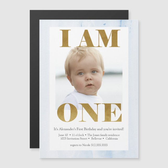 Modern Pale Blue + Gold Photo 1st Birthday Magnetic Invitation (Front/Back)