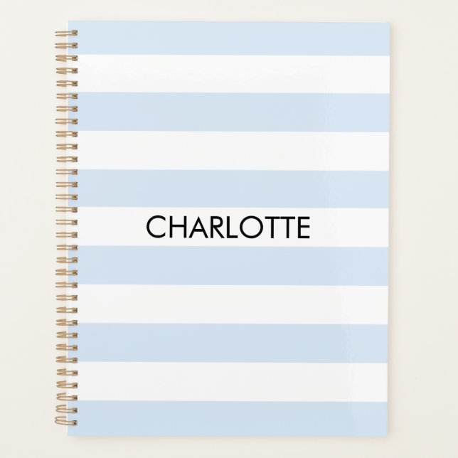 Modern pale blue white striped custom year name planner (Front)