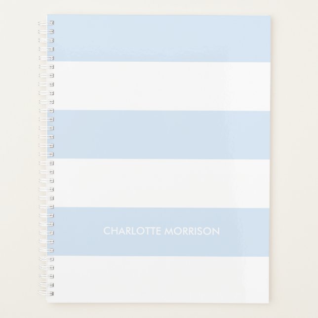 Modern pale blue white stripes custom name text planner (Front)