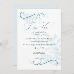 Modern Pale Foliage Chic Accents Teal Blue Invitation