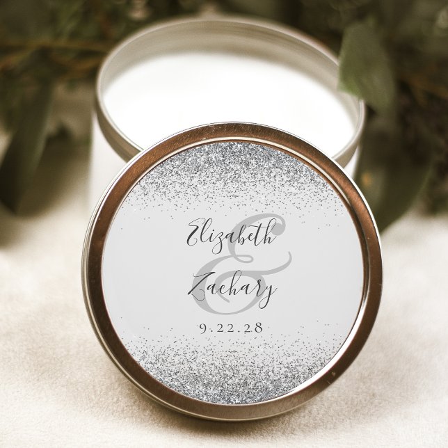 Modern Pale Grey Silver Glitter Edge Wedding Classic Round Sticker (Creator Uploaded)