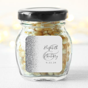 Modern Pale Grey Silver Glitter Edge Wedding Square Sticker