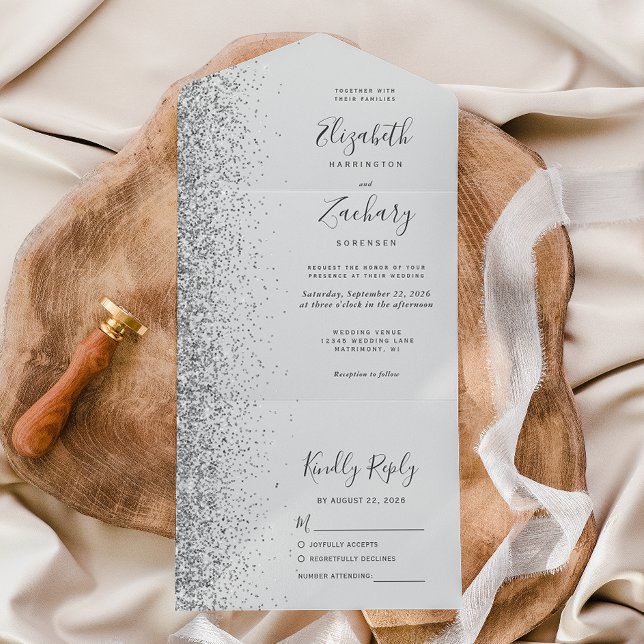 Modern Pale Grey Silver Glitter Wedding All In One Invitation (Creator Uploaded)