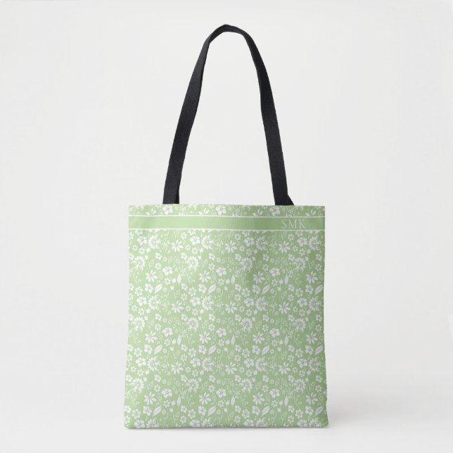 Modern Pale Lime Green Tropical Flowers Monogram Tote Bag (Front)