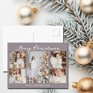 Modern Pale Mauve Merry Christmas Photo Collage Holiday Postcard