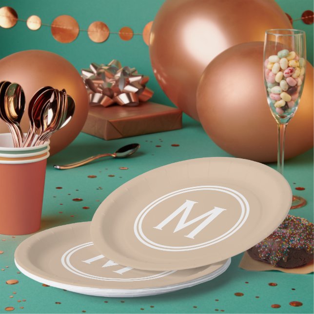 Modern Pale Peach Custom Round Framed Monogram Paper Plate (Multi)