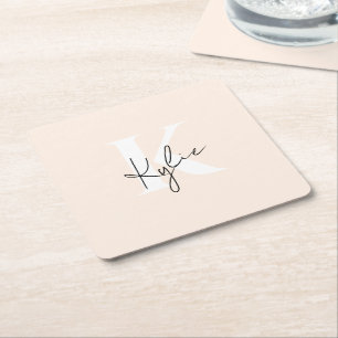 Modern Pale Peach Personalized Monogram Name -  Square Paper Coaster