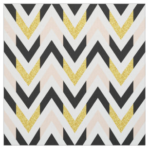 Modern Pale Pink, Black, White, Gold Chevron Fabric