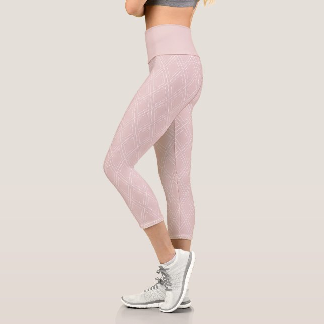 Modern Pale Pink & White Diamond Dot Pattern Capri Leggings (Left)