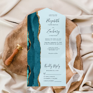 Modern Pale Teal Blue Gold Agate Wedding All In One Invitation