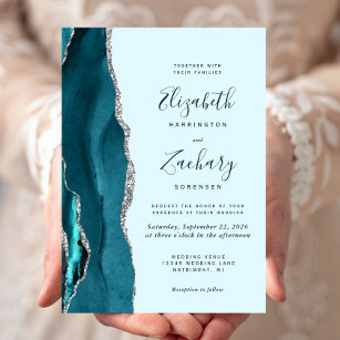 Modern Pale Teal Silver Agate Wedding Invitation
