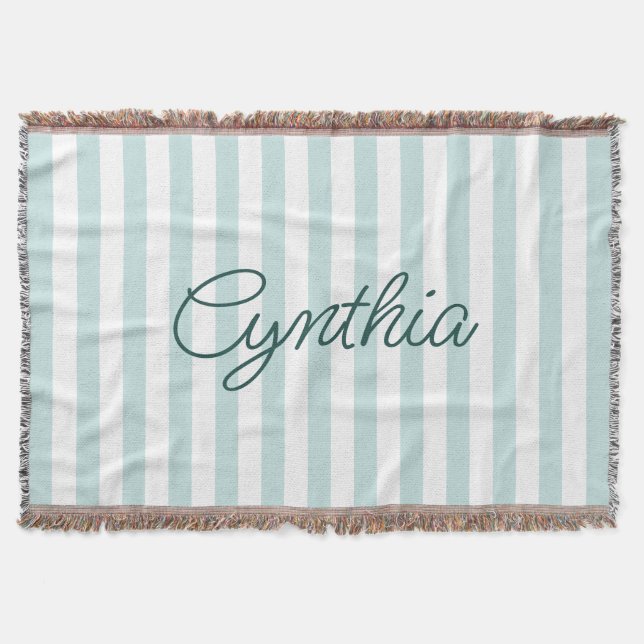 Modern Pale Teal Stripe Personalised Throw Blanket (Front)