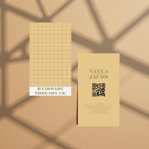 Modern Pale Yellow Chequered Pattern QR Code  Business Card