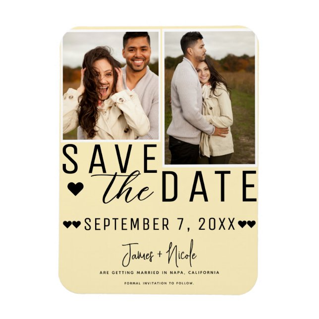 Modern Pale Yellow Save the Date 2 Photo Wedding Magnet (Vertical)