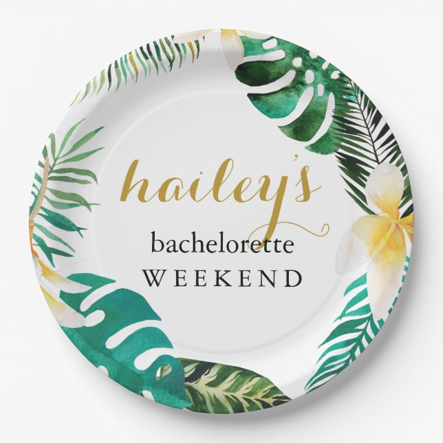 Modern Palm Bachelorette Weekend with Name Paper Plate (Front)