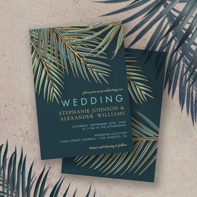 Modern Palm Gold Teal Tropical Beach Wedding Invitation (Creator Uploaded)