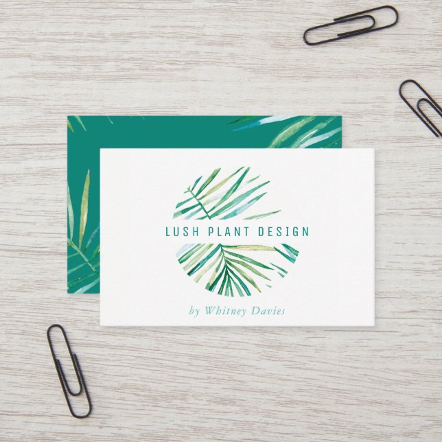 MODERN PALM LEAF LOGO lush botanical life green Business Card (Front/Back In Situ)