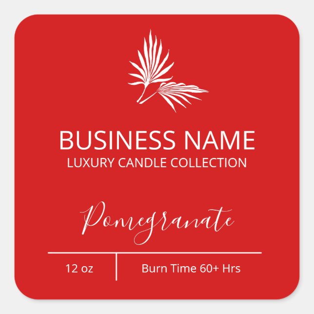 Modern Palm Leaf Pomegranate Red Candle Labels (Front)