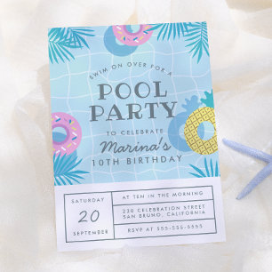 Modern Palm Leaves & Pineapple Pool Birthday Party Invitation