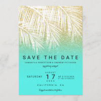 Modern palm tree gold aqua save the date