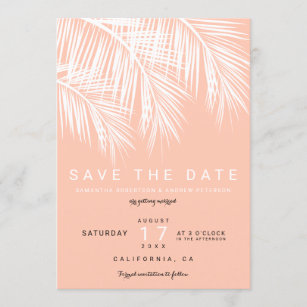 Modern palm tree peach salmon save the date invitation