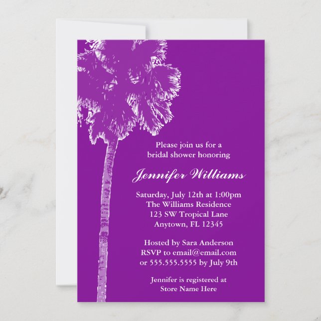Modern Palm Tree Purple Bridal Shower Invitation (Front)