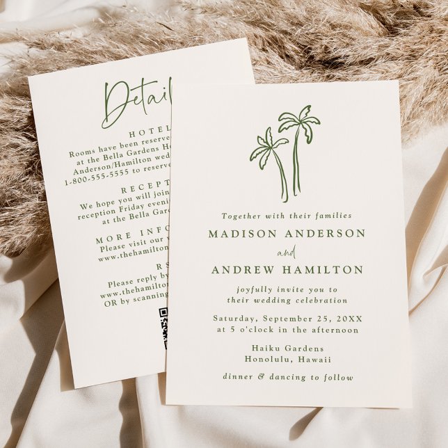 Modern Palm Trees Cream QR Code All in One Wedding Invitation (Creator Uploaded)