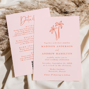 Modern Palm Trees Pink QR Code All in One Wedding Invitation