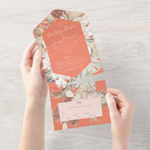 Modern Pampas Boho Coral Tropical Cream Wedding All In One Invitation