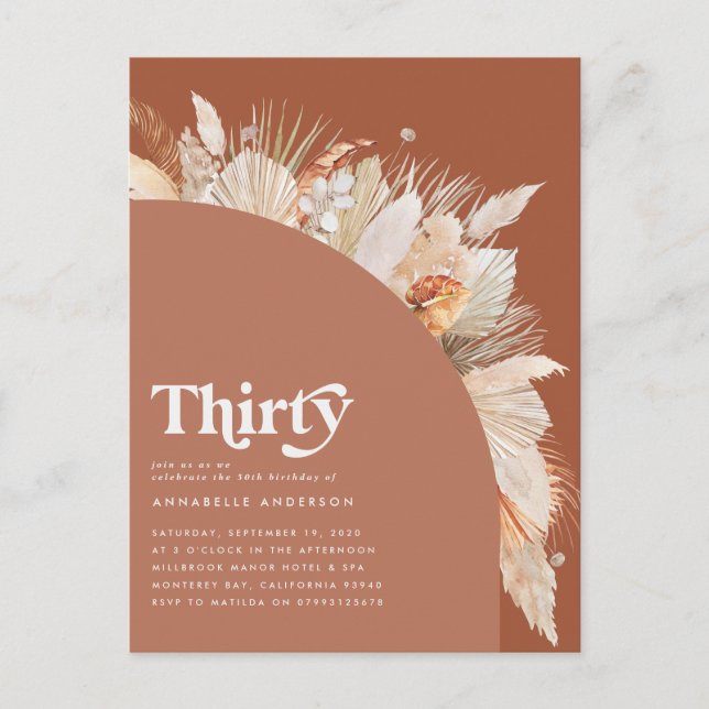 Modern pampas grass 30th birthday terracotta postcard (Front)