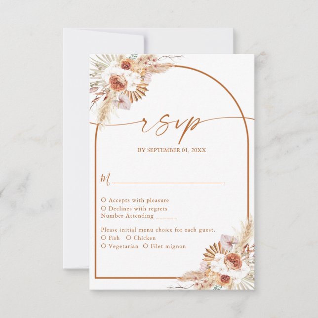 Modern Pampas Grass Boho Terracotta Wedding RSVP Card (Front)