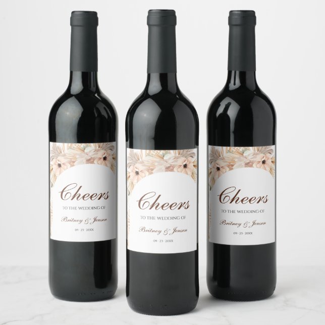 Modern Pampas Grass Decor Botanical  Wine Label (Bottles)