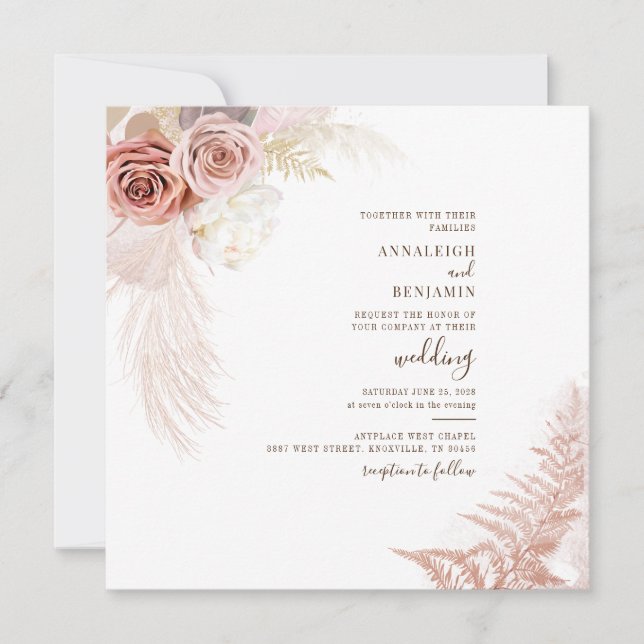 Modern Pampas Grass Dried Palms Terracotta Wedding Invitation (Front)