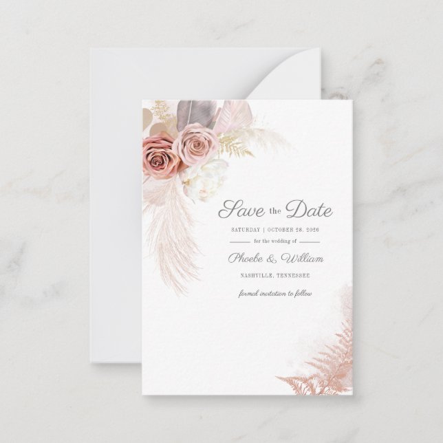 Modern Pampas Grass Floral Script Save The Date Card (Front)