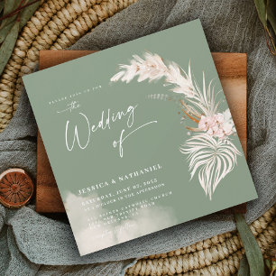 Modern Pampas Grass Sage Green Boho Floral Magnetic Invitation