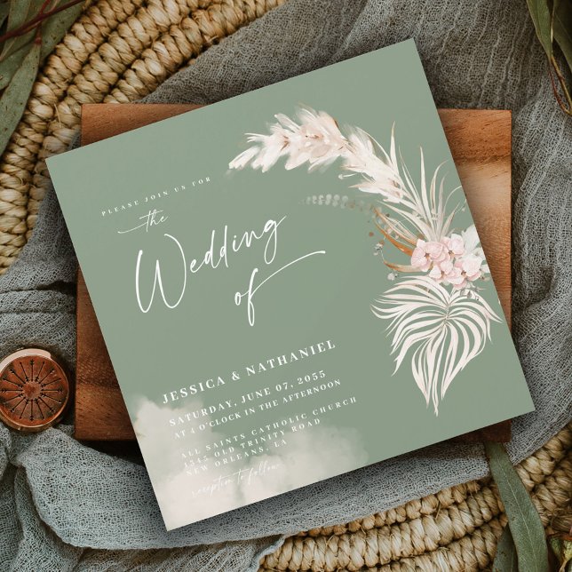 Modern Pampas Grass Sage Green Boho Floral Magnetic Invitation (Creator Uploaded)