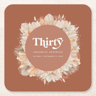 Modern pampas grass terracotta 30th birthday  square paper coaster