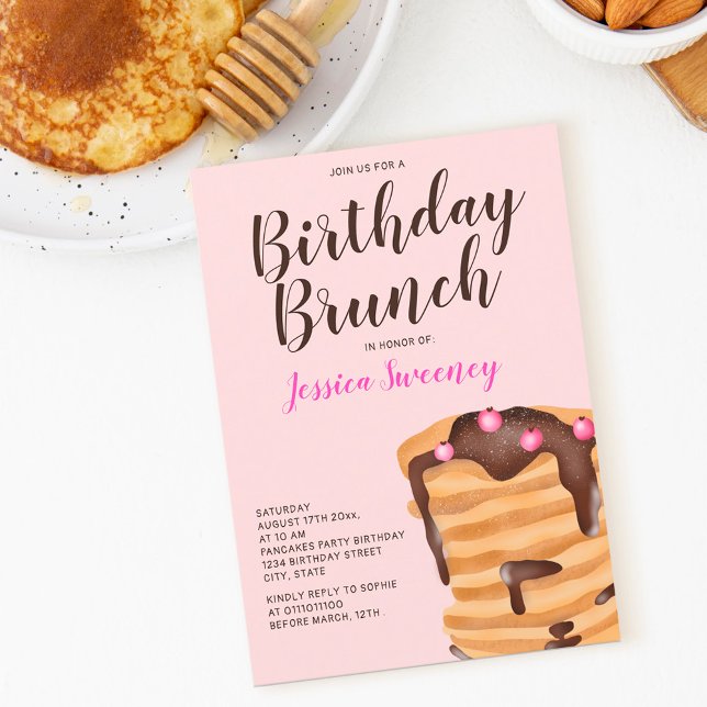 Modern pancake birthday brunch illustration pink invitation (Creator Uploaded)