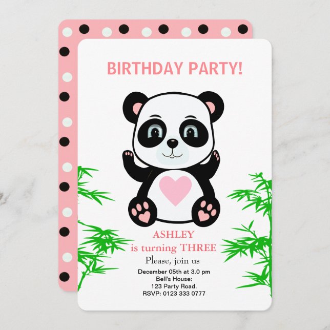 Modern Panda Bear Kids Birthday Invitation (Front/Back)