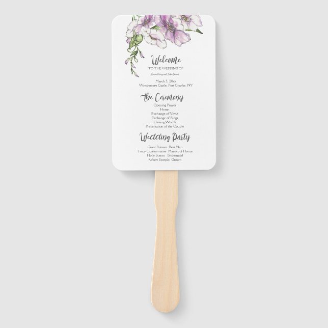 Modern Pansy Wedding Program Hand Fan (Front)