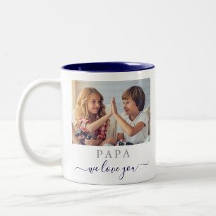 Modern Papa We Love You 2 Photo Navy Blue Two-Tone Coffee Mug