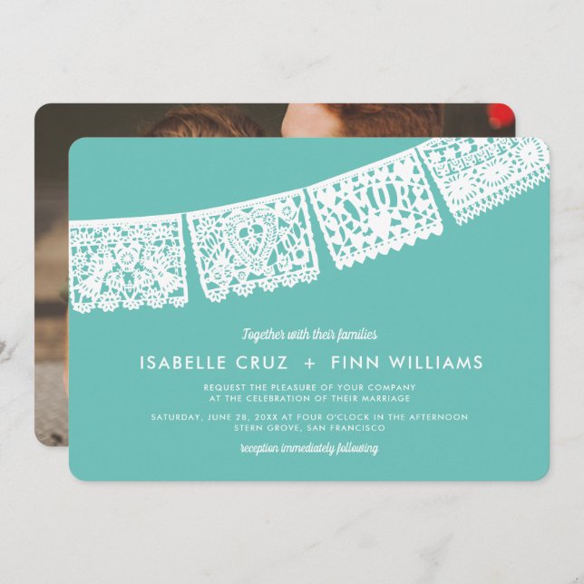 Modern Papel Picado Custom Colour + Photo | Weddin Invitation (Front/Back)