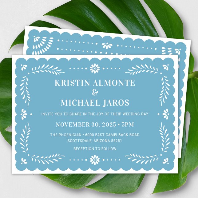Modern Papel Picado Mexican Wedding Invitation (Modern Papel Picado Wedding Invitation In Sky Blue)