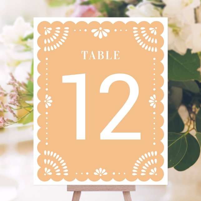 Modern Papel Picado Wedding Table Number, Yellow (Mexican Papel Picado Table Number)