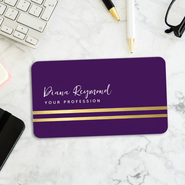 Modern Parallel Gold Stripes Dark Purple Business Card (Creator Uploaded)